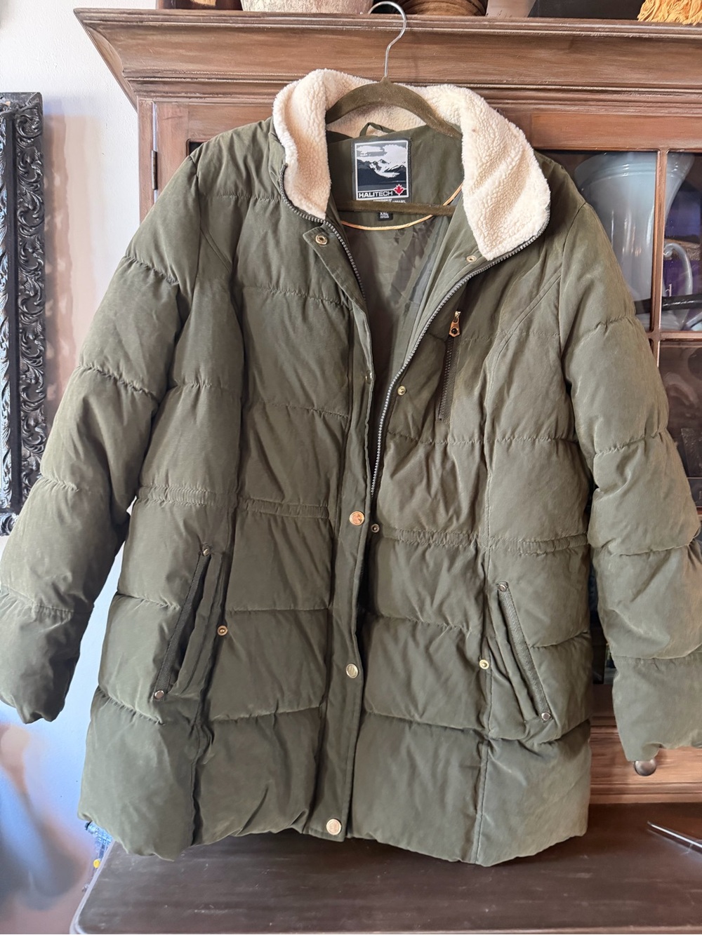 Women's Olive Sherpa-Collar Puffer Coat by